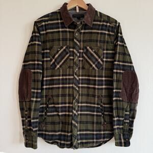 Aeropostale Mens Small Barn Coat Flannel Shacket Green Plaid Corduroy Trim Chore